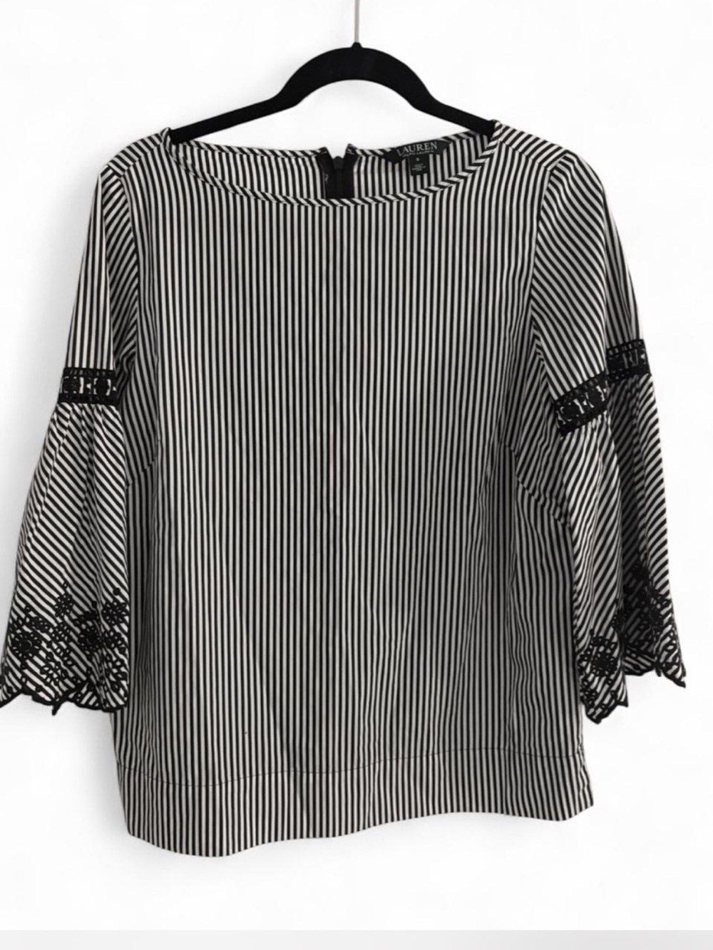 Lauren Ralph Lauren Black and White Striped Lace Bell-Sleeve Blouse